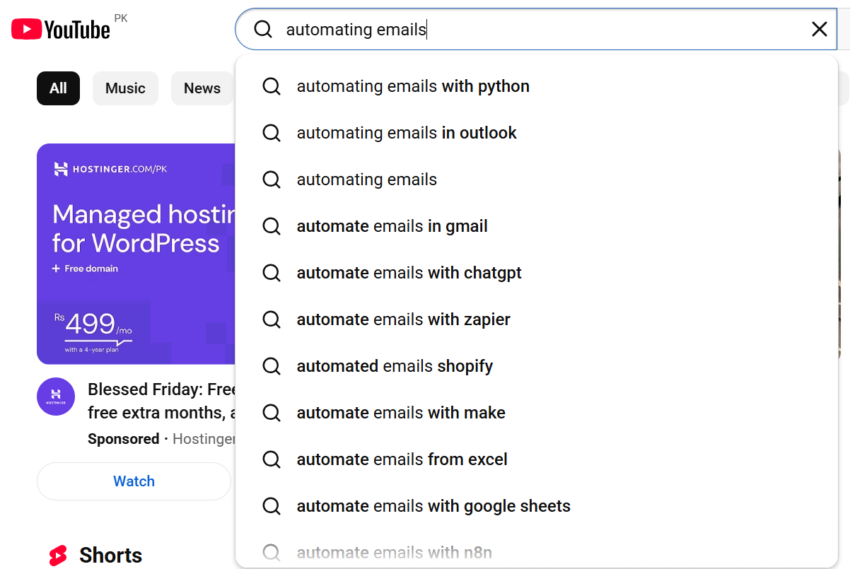 YouTube search bar keyword suggestions