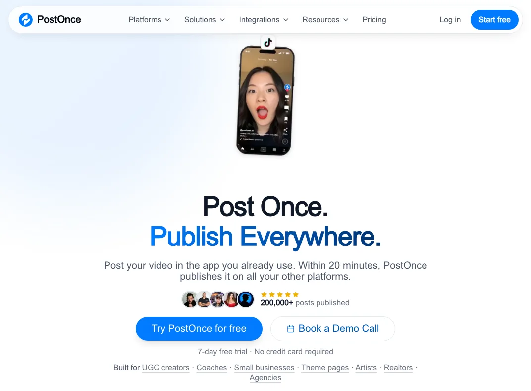 PostOnce homepage: Post once, publish everywhere